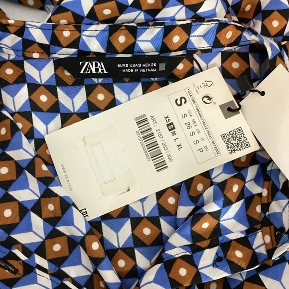 ZARA Geometric Print Button Down Blouse Blue Brown Small - Picture 6 of 7